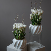 Интерьерная весенняя композиция в кашпо с белыми тюльпанами