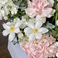 Корзина с тюльпанами, гортензией, розами и маттиолой