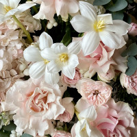 Корзина с тюльпанами, гортензией, розами и маттиолой