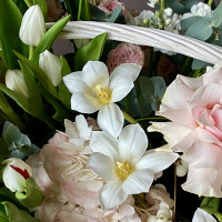 Корзина с тюльпанами, гортензией, розами и маттиолой