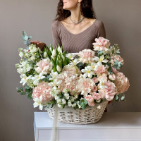 Корзина с тюльпанами, гортензией, розами и маттиолой