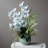 Светло-голубая орхидея (ботаническая копия) в керамическом кашпо