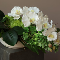 Композиция горизонтальная с белой орхидеей и декоративной зеленью