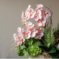 Композиция с розовыми орхидеями и зеленью в керамическом кашпо