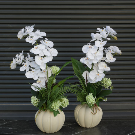 Композиция с белыми орхидеями и папоротником в дизайнерской вазе