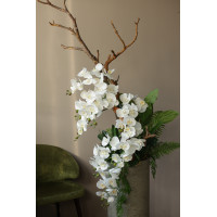 WOW-композиция с белыми орхидеями, декоративной зеленью и веткой в высокой бетонной вазе