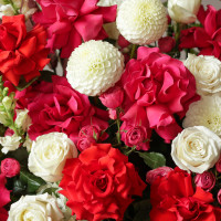 Корина с красными французскими розами и миксом сезонных цветов