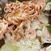 Авторский букет с хризантемами, дельфиниумом и антуриумом