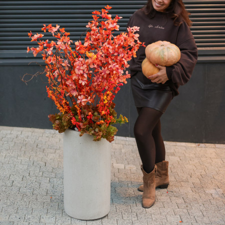 Композиция в высоком бетонном кашпо с ягодами облепихи и красными декоративными ветками