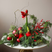 Зимняя композиция на металлическом подносе с амариллисами