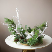 Зимняя композиция на подносе с тремя луковичными амариллисами в белом воске