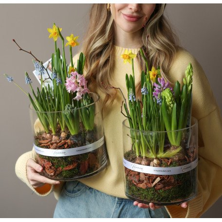 Весенний садик с гиацинтами, нарциссами и мускари в стеклянном цилиндре 20х30см
