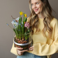 Весенний садик с гиацинтами, нарциссами и мускари в стеклянном цилиндре 20х30см