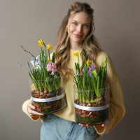 Весенний садик с гиацинтами, нарциссами и мускари в стеклянном цилиндре 20х30см