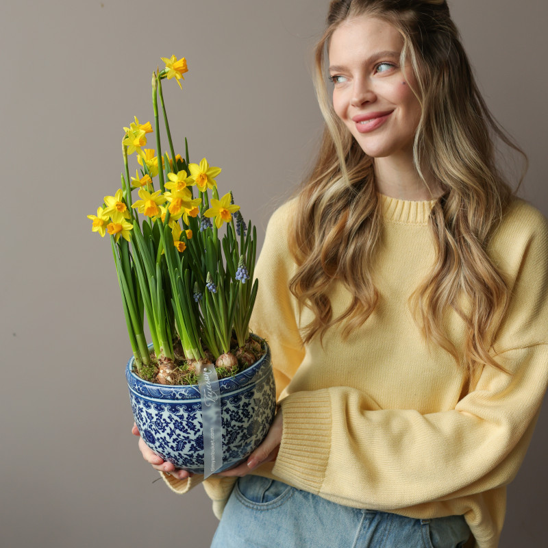 Весенний садик с нарциссами и мускари в китайском вазоне 19х40см