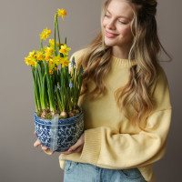 Весенний садик с нарциссами и мускари в китайском вазоне 19х40см