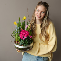 Весенний садик в стекле Лола с цикламенами, мускари, нарциссами и гиацинтами 24х30см