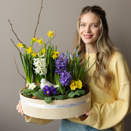 Весенний премиум-садик с нарциссами, мускари, гиацинтами, птицей в среднем кашпо 40х30см