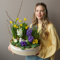 Весенний премиум-садик с нарциссами, мускари, гиацинтами, птицей в среднем кашпо 40х30см