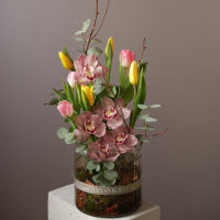 Композиция с орхидеей и тюльпанами в стеклянном цилиндре