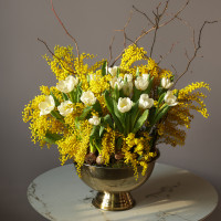 Солнечная вау-композиция с тюльпанами и мимозой в кашпо