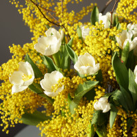 Солнечная вау-композиция с тюльпанами и мимозой в кашпо