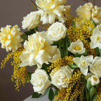 Объемная вау-композиция с тюльпанами и мимозой в кашпо