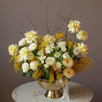 Объемная вау-композиция с тюльпанами и мимозой в кашпо