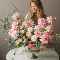 Премиум композиция с французскими розами, ранункулюсами эвкалиптом в вазоне-шампанница XL-75-80 см