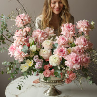 Премиум композиция с французскими розами, ранункулюсами эвкалиптом в вазоне-шампанница XL-75-80 см