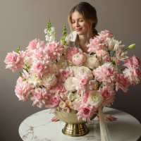 Объемная премиум композиция с миксом розами и ранункулюсами в вазоне XL-90см