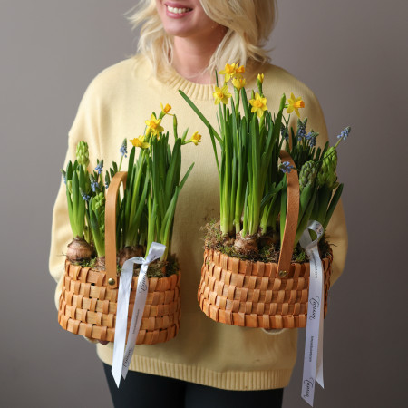 2 шт Стильных лукошек с миксом ароматных первоцветов 20х40 см (цена за пару, 2 шт)