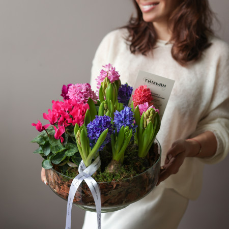 Весенний садик с гиацинтами и цикламенами, d=28 см