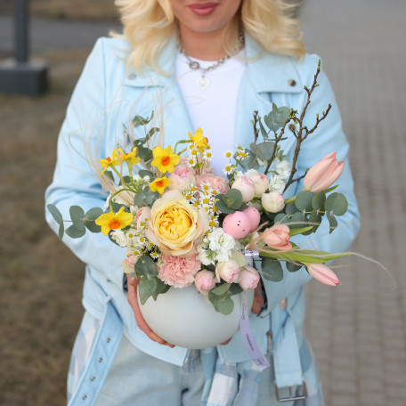 Пасхальная композиция в круглом керамическом кашпо