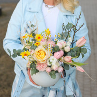 Пасхальная композиция в круглом керамическом кашпо