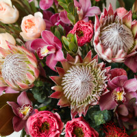 Премиум-композиция в вазе-шампаннице с орхидеей и протеей