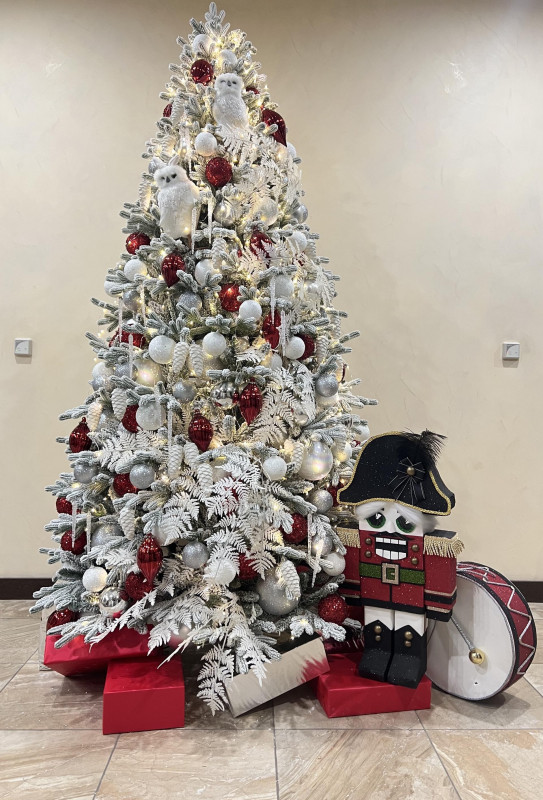 Елка с оформлением СОВЫ, бел-красная, с щелкунчиком, 210-250 см