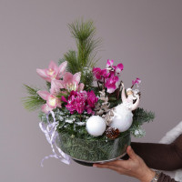 Зимний букет в стеклянной вазе натур пихта ЦИКЛАМЕНЫ+ОРХИДЕИ, в асс.