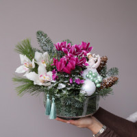 Зимний букет в стеклянной вазе натур пихта ЦИКЛАМЕНЫ+ОРХИДЕИ, в асс.